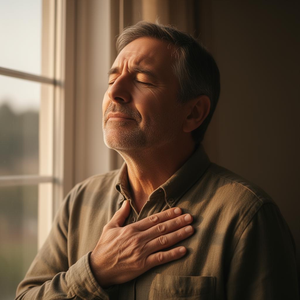Homem a respirar profundamente junto à janela, com expressão de alívio